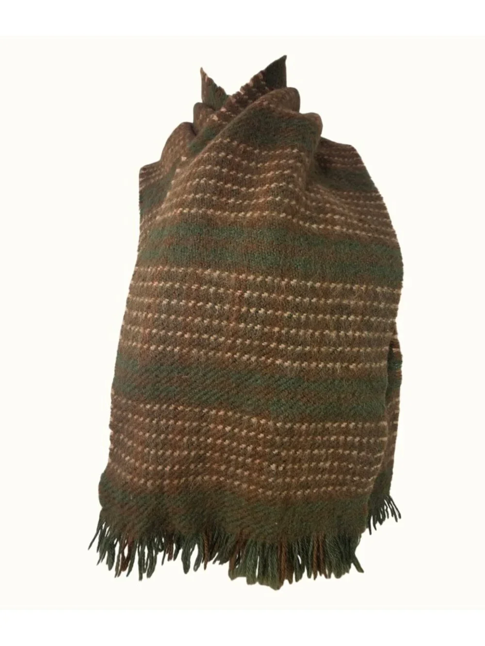 Vintage Handmade Heavy Wool Woven Wrap Shawl Green Stripe Fringed 52x10.5 Unisex